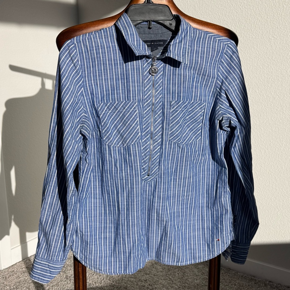 Tommy Hilfiger Blue White Striped Half Zip Shirt 100% Cotton Long Sleeve Top
